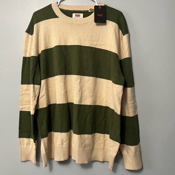 Levi’s Wide Stripe Crewneck Sweater Cream and Olive Green Size L - Picture 1 of 5